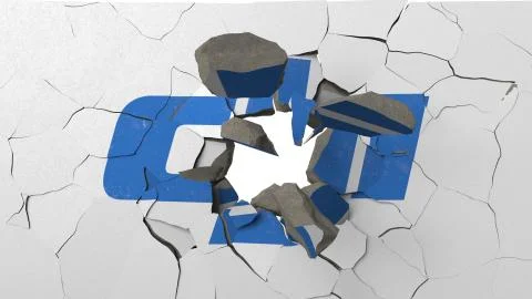Breaking wall with painted logo of DJI. Crisis related editorial 3D rendering Illustrazione stock