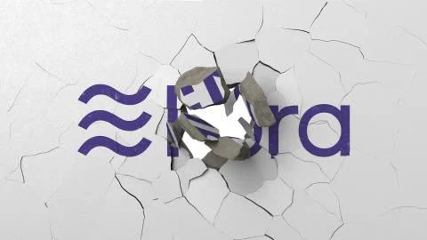 Breaking wall with painted logo of Libra. Crisis related editorial 3D rendering Stock Illustration