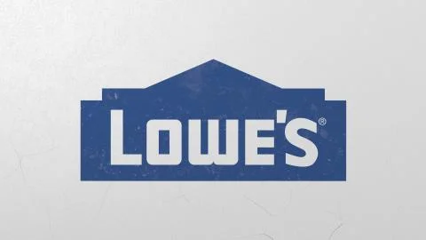 Breaking wall with painted logo of Lowe's. Crisis related editorial 3D rendering Stock Illustration