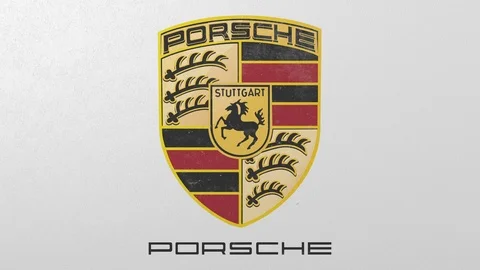 Breaking wall with painted logo of Porsche. Crisis conceptual editorial 3D Stock Footage 105698301