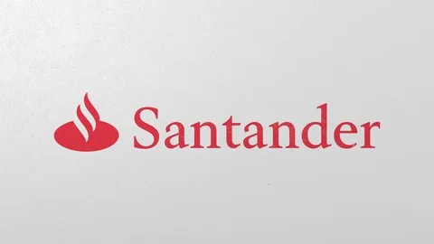 Breaking wall with painted logo of Santander. Crisis conceptual editorial 3D Stock Footage 105697362