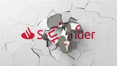 Breaking wall with painted logo of Santander. Crisis related editorial 3D Stock Illustration