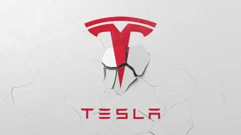 Breaking wall with painted logo of Tesla. Crisis related editorial 3D rendering Stock Illustration
