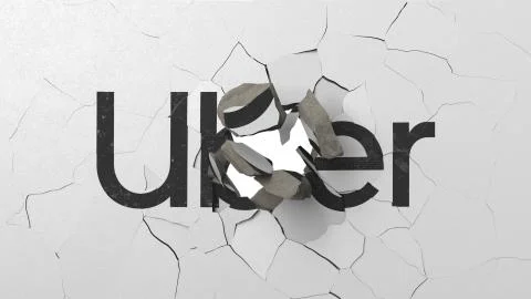 Breaking wall with painted logo of Uber. Crisis related editorial 3D rendering Stock Illustration
