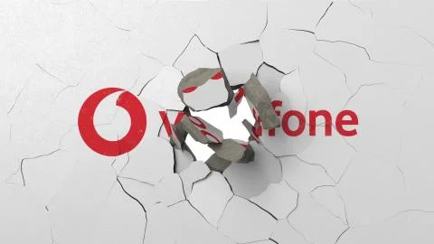 Breaking wall with painted logo of Vodafone. Crisis related editorial 3D Stock Illustration