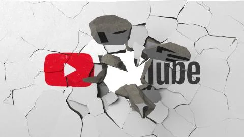 Breaking wall with painted logo of YouTube. Crisis related editorial 3D Stock Illustration