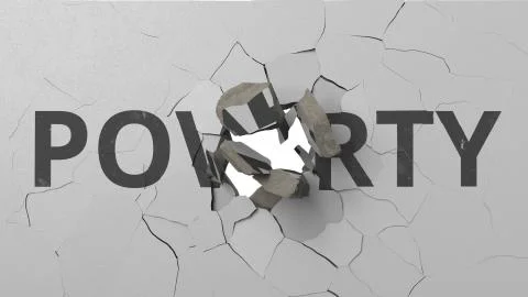 Breaking wall with painted POVERTY word. Conceptual 3D rendering Stock Illustration