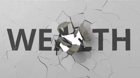 Breaking wall with painted WEALTH word. Conceptual 3D rendering Stock Illustration