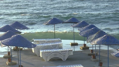 Breaking Waves And Parasols Bodrum Stock Footage 125769754