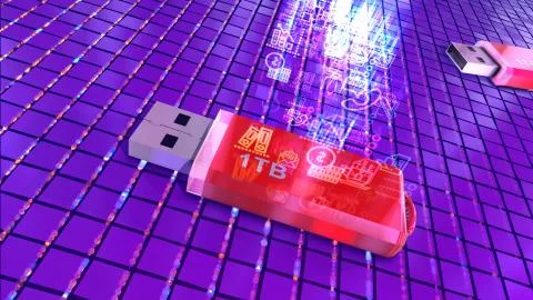 Breakthrough 3d illustration of two red flash drives lying on a cyber platfor Stock Illustration