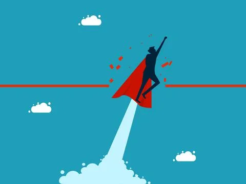 Breakthrough barrier. overcome difficulty. businessman superhero breaking bar Stock Illustration