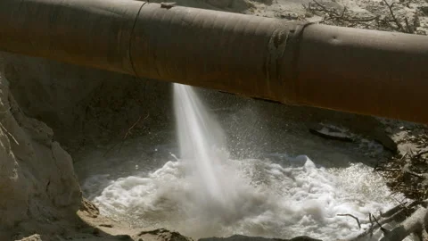 Breakthrough of a pipe with water. The stream of water flowing from the hole in Stock Footage 137158378