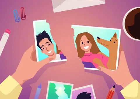 Breakup concept, hands holding torn photo of couple - flat vector illustration. Stock Illustration
