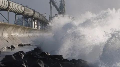 Breakwater getting smashed by winter storm and big seas. Stock Footage 87645894