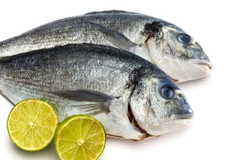 Bream fish with lime isolated on white background Stock Photos