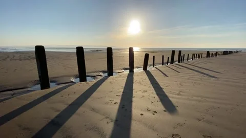 Brean Beach wooden posts Sunset Video stock 149685547