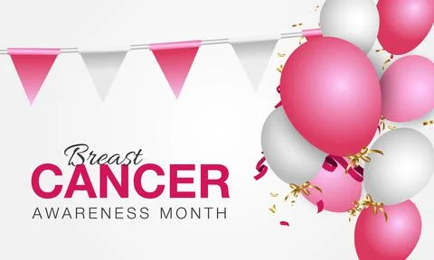 Breast Cancer Awareness Month. Ribbons and balloons in pink. Realistic vector Stock Illustration