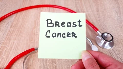 Breast cancer, text,caption note on stethoscope background treatment Stock Footage 313494627