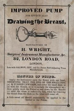 A breast pump manufactured by H. Wright. Wood engraving and letterpress, 18-- Stock Illustration