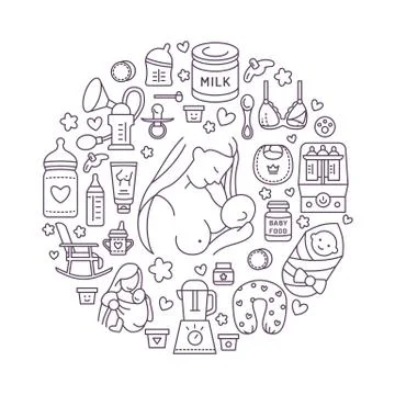 Breastfeeding poster template. Vector line illustration of breast feeding, baby Stock Illustration