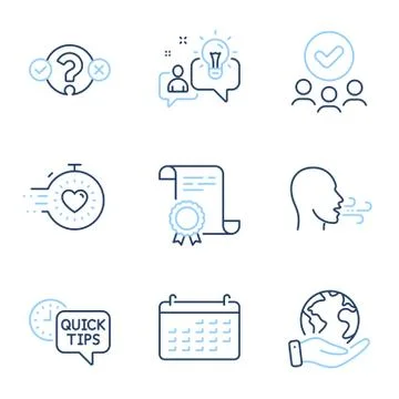Breathing exercise, Quiz test and Quick tips icons set. Calendar, Idea and Timer Stock Illustration