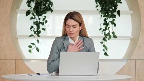 Breathing problems, chest pain, panic attack at work office Heart Attack. Stock Footage 234187302
