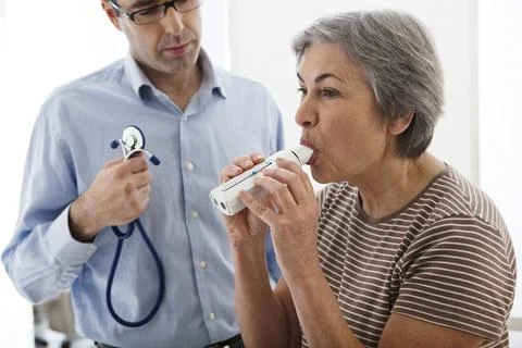 Breathing, spirometry elderly p. Breathing, spirometry elderly p. Copyrigh... Stock Photos