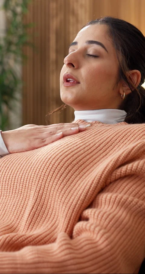 Breathing, tapping and eft with woman in home for somatic technique, calm and Stock Footage 337500806