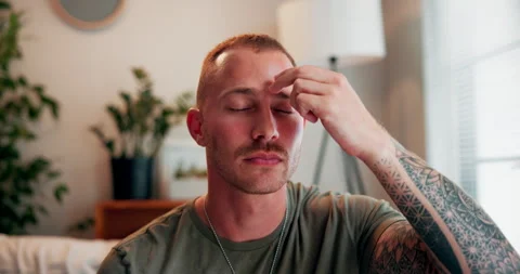 Breathing, therapy and man with eft tapping on sofa for anxiety, mental health Stock Footage 271142336