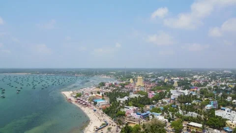 Breathtaking aerial drone shot capturing the grandeur of Rameshwaram temple Stock Footage 297595562
