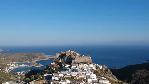 Breathtaking aerial panoramic view over Chora, Kythera by the Castle at sunse Vídeos de archivo 198553192