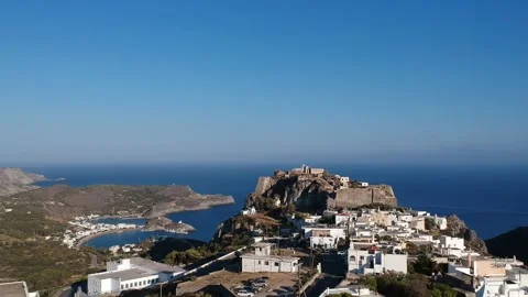 Breathtaking aerial panoramic view over Chora, Kythera by the Castle at sunse Vídeos de archivo 198553935