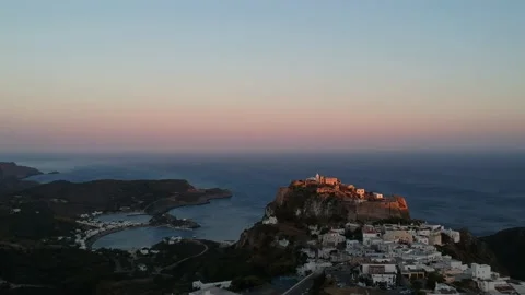 Breathtaking aerial panoramic view over Chora, Kythera by the Castle at sunse Stock Footage 198556733