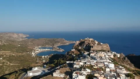 Breathtaking aerial panoramic view over Chora, Kythera by the Castle at sunse Vídeos de archivo 198557387