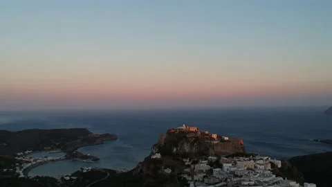 Breathtaking aerial panoramic view over Chora, Kythera by the Castle at sunse Vídeos de archivo 198558931