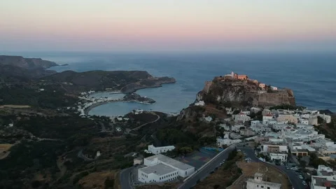 Breathtaking aerial panoramic view over Chora, Kythera by the Castle at sunse Vídeos de archivo 198560468