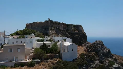Breathtaking aerial panoramic view over Chora, Kythera by the Castle at sunse Vídeos de archivo 198568030