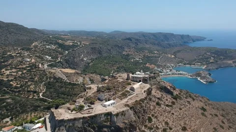Breathtaking aerial panoramic view over Chora, Kythera by the Castle at sunse Vídeos de archivo 198572276