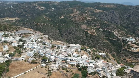 Breathtaking aerial panoramic view over Chora, Kythera by the Castle at sunse Vídeos de archivo 198580239