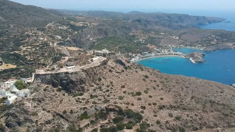Breathtaking aerial panoramic view over Chora, Kythera by the Castle at sunse Vídeos de archivo 198581899