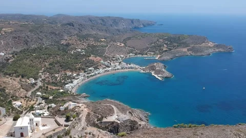 Breathtaking aerial panoramic view over Chora, Kythera by the Castle at sunse Vídeos de archivo 198593558