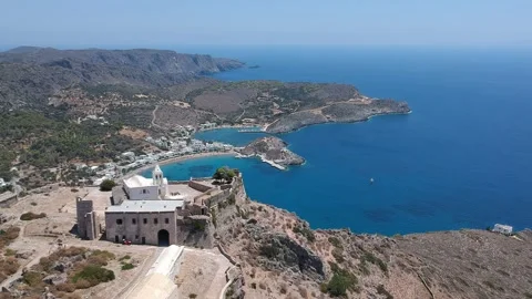 Breathtaking aerial panoramic view over Chora, Kythera by the Castle at sunse Vídeos de archivo 198599222
