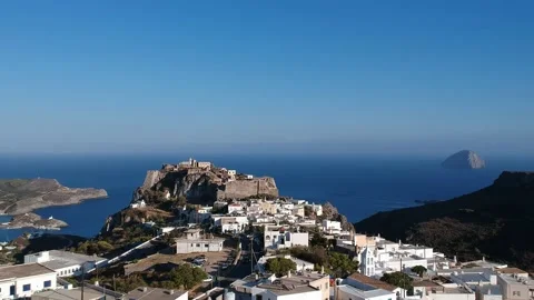 Breathtaking aerial panoramic view over Chora, Kythera by the Castle at sunse Vídeos de archivo 198604843