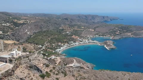 Breathtaking aerial panoramic view over Chora, Kythera by the Castle at sunse Stock Footage 198607465
