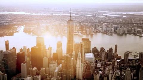 Breathtaking aerial shot of modern skyline city at sunset. cityscape view Stock Footage