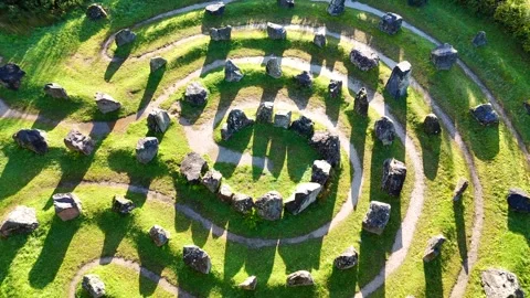 Breathtaking Aerial Sweep of the Ancient-Style Touchstone Maze  Stock Footage 330667402