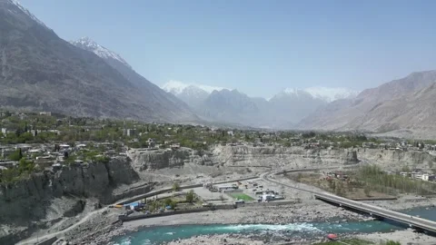 Breathtaking Aerial View of Gilgit River and  Bridge Stock Footage 305685745