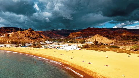 Breathtaking aerial view of Gran Canaria's coastline and mountains Stock Footage 296922053