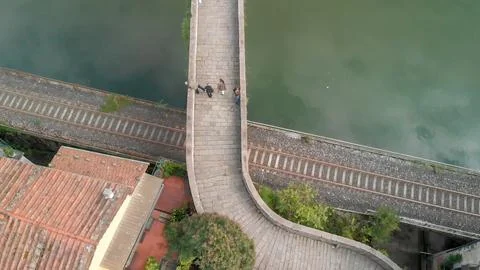 Breathtaking aerial view of Tuscanys Devils Bridge amidst lush greenery and.. Stock Photos