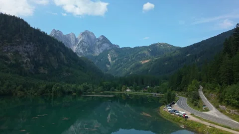 Breathtaking alpine lake and mountain panorama, Gosau Austria - Aerial Stock Footage 331301867